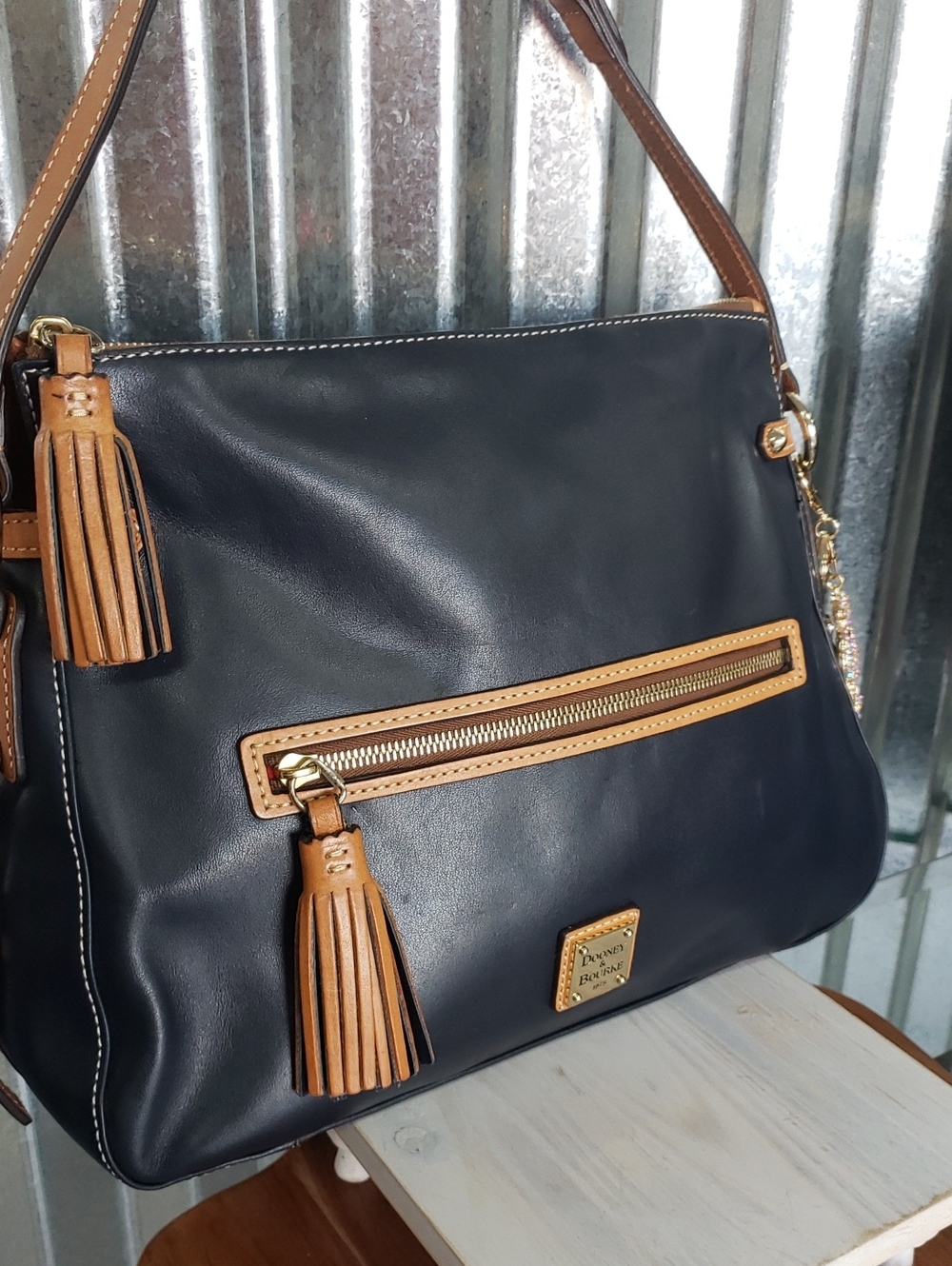 Dooney & Bourke Navy Leather Shoulder Bag with Tan Trim and Tassels